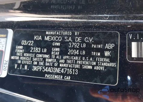 2022 Kia Forte Gt-Line z USA, uszkodzony, nr VIN 3KPF54AD3NE471613